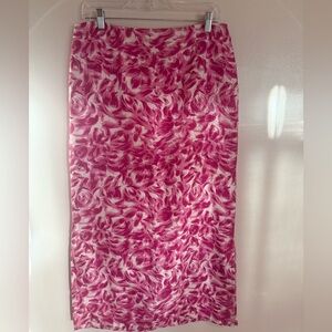 Anthropologie Women’s Size 10 Pink Floral Skirt, Sequin Front, Slit Sides, Slip